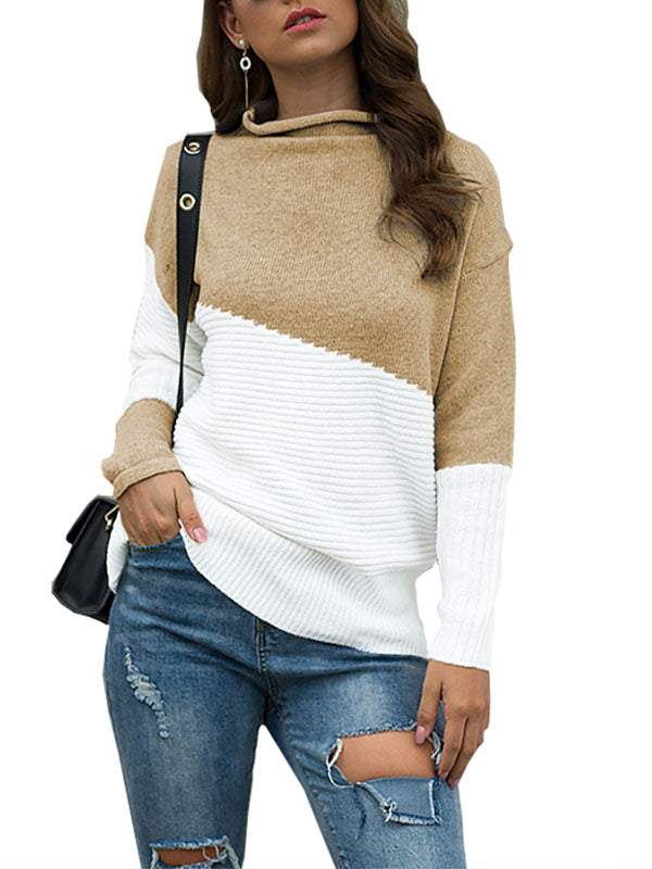 Women Crewneck Long Sleeve Color Block Knit Sweater Casual Pullover Jumper Tops