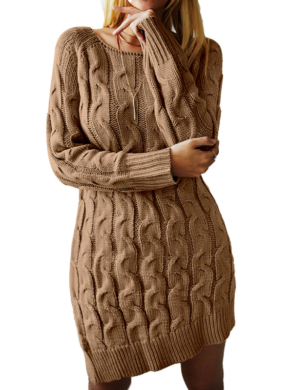 Women Crewneck Long Sleeve Cable Knit Chunky Pullover Fall Winter Sweater Dress