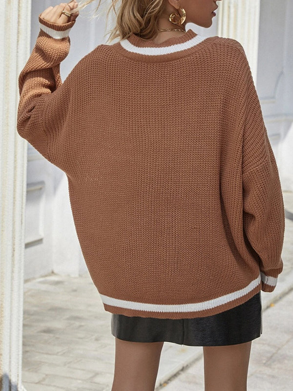 Women V Line Neck Sweaters Long Sleeve Casual Knit Pullover Jumper Tops