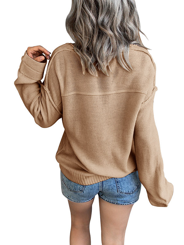 Women Casual Long Sleeve V Neck Off Shoulder Loose Knit Pullover Sweaters
