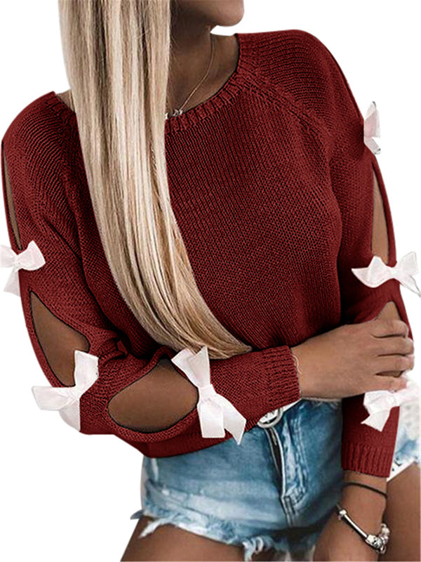 Women's Hollow Long Sleeve Tie Knot Cuff Solid Sweater Tops