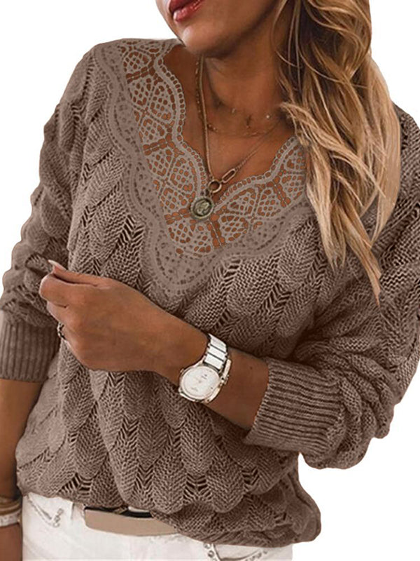 Women Lace V Neck Pullover Sweaters Lightweight Long Sleeve Knit Jumper Tops