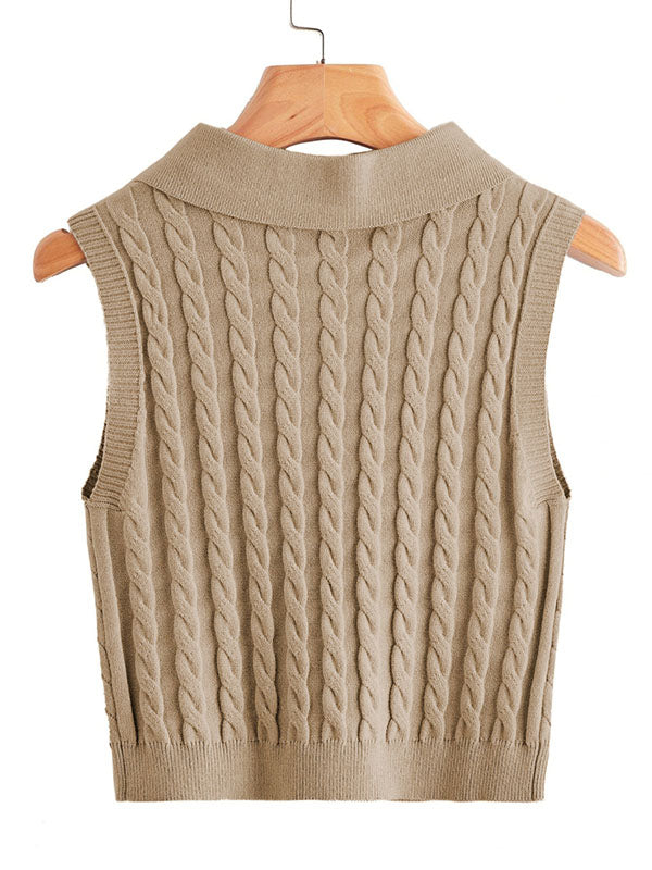 Women Lapel Neck Cable Knit Sweater Vest Sleeveless Casual Pullover Knitwear