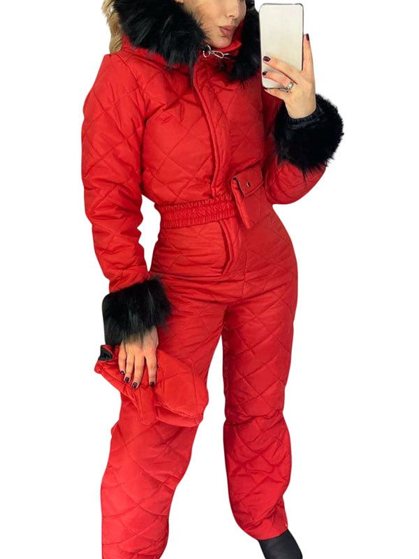 Women Winter Warm Hoodie Onesies Ski Suits Sports Jumpsuit Fur Collar Coat Snowsuit