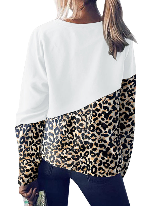 Womens Casual Long Sleeve Crewneck Sweatshirt Leopard Splicing Loose Pullover Tops